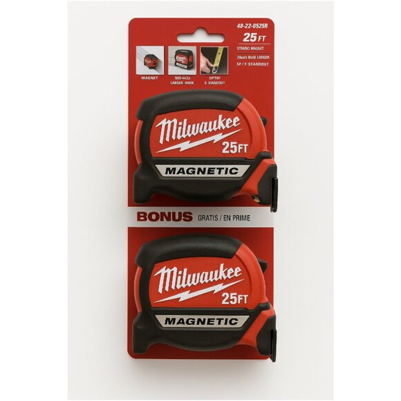 Milwaukee 25 ft Compact Magnetic Tape Measure 15 ft. Reach 2-Pack - Picture 2 of 7